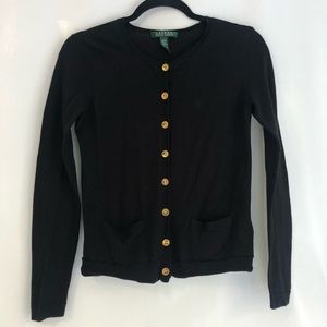 LAUREN Ralph Lauren Black Cardigan Sweater with front pockets and gold buttons
